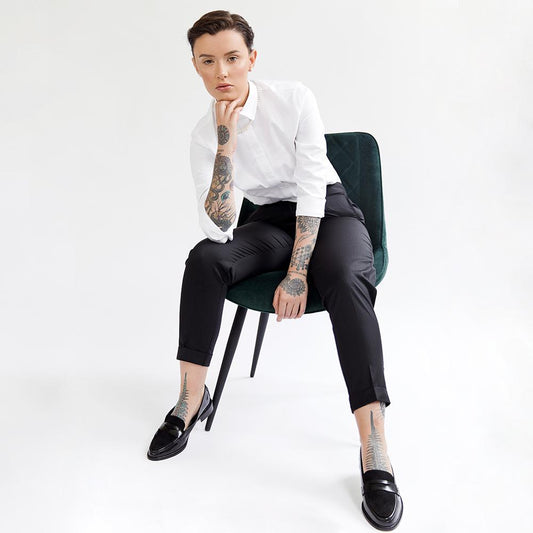 Black Wool Blend High Waisted Cuffed Trousers