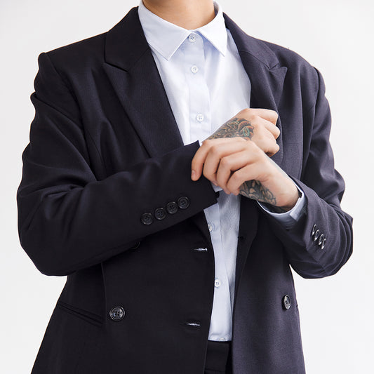 Navy Wool Blend Double-Breasted Blazer