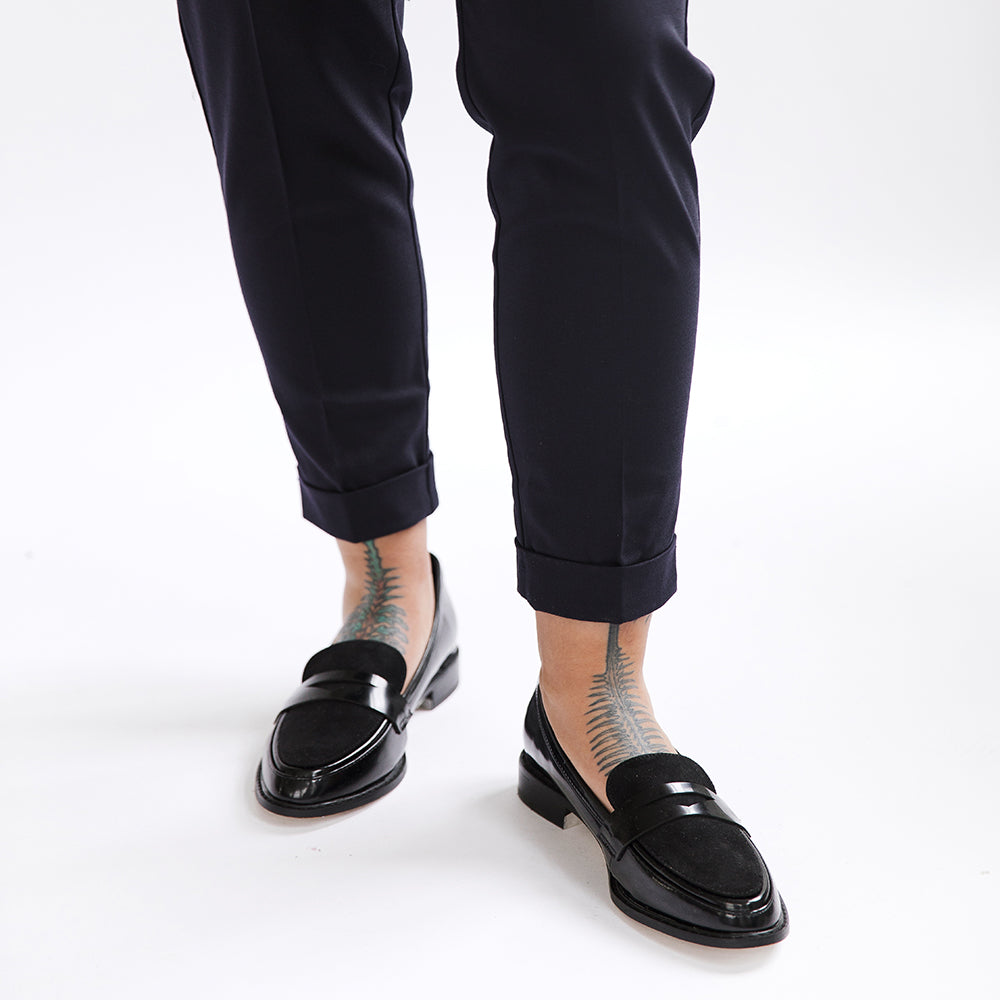 Navy Wool High Waisted Cuffed Trousers