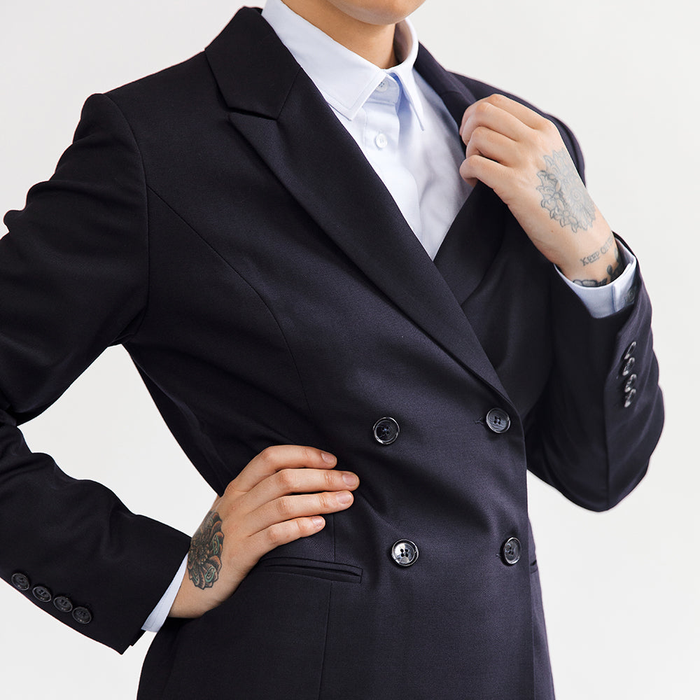 Navy Wool Blend Double-Breasted Blazer