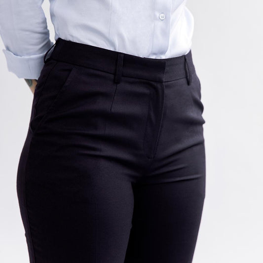 Navy Wool Blend High Waisted Cuffed Trousers